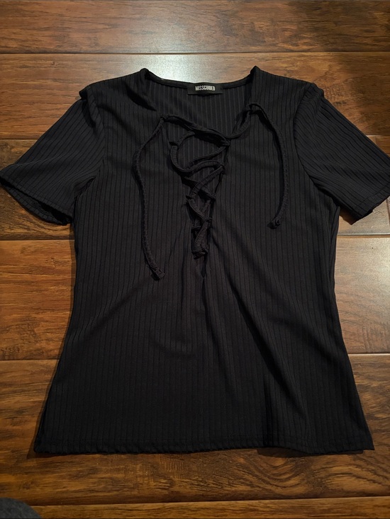 Missguided + Tops - Missguided Black Ribbed Lace-Up Short Sleeve Tee